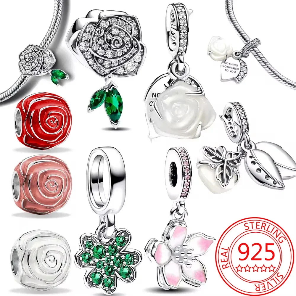 

925 Sterling Silver Sparkling Rose in Bloom Charm Fit Pandora Charms Silver 925 Original Bracelets DIY Jewelry Gift