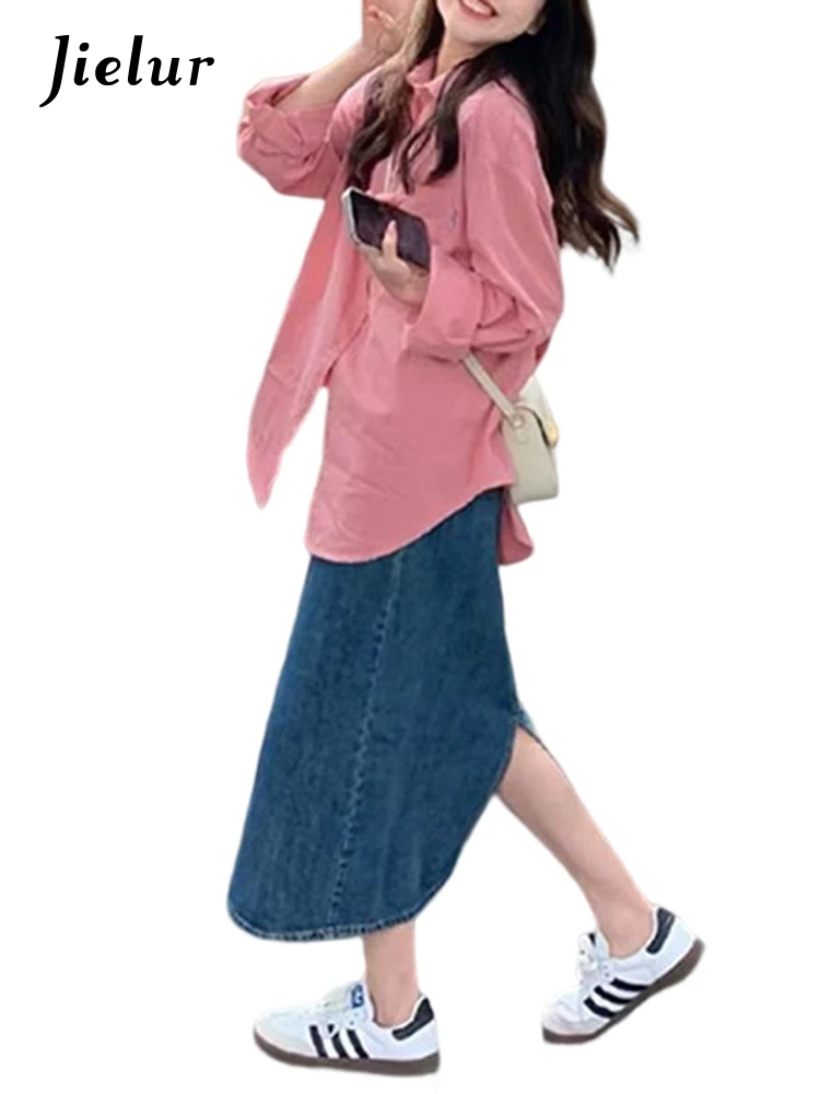 Jielur Ins New Solid Color Simple Basic Chicly Women Shirt Casual Loose Fashion Street Woman Shirt French Pink Slim Top Female