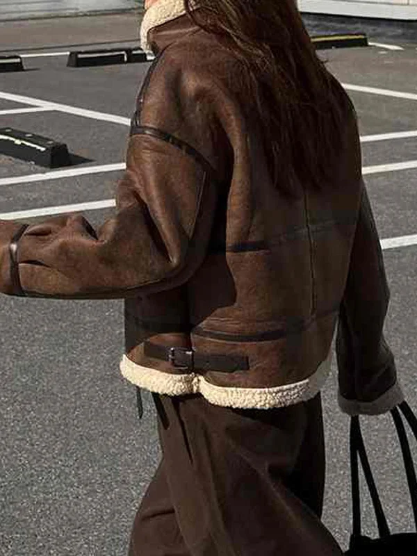 Winter Thiened Retro Leather And Fur Inteated Motorcycle Sle Women's Casual Faionable Cotton Jaet ort Outerwear