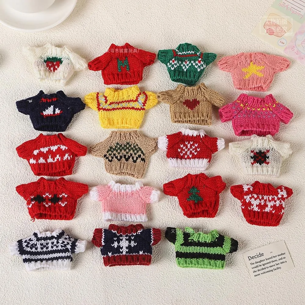 Christmas Mini Knit Doll Sweater Xmas Pattern Hand Woven Pullover Top For 10cm 15cm 20cm Cotton Stuffed Doll Dress Up Accessorie