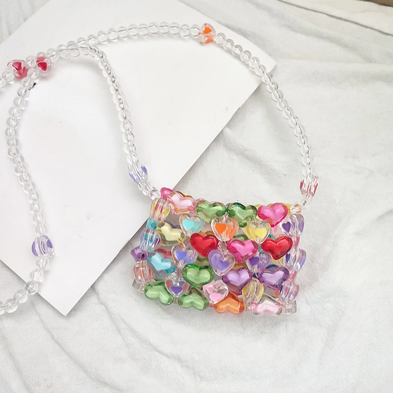 Kids Mini Crossbody Bag Cute Heart Beaded Woven Girls Coin Wallet Pouch Handbag Kawaii Baby Toddler Clutch Purse Bag