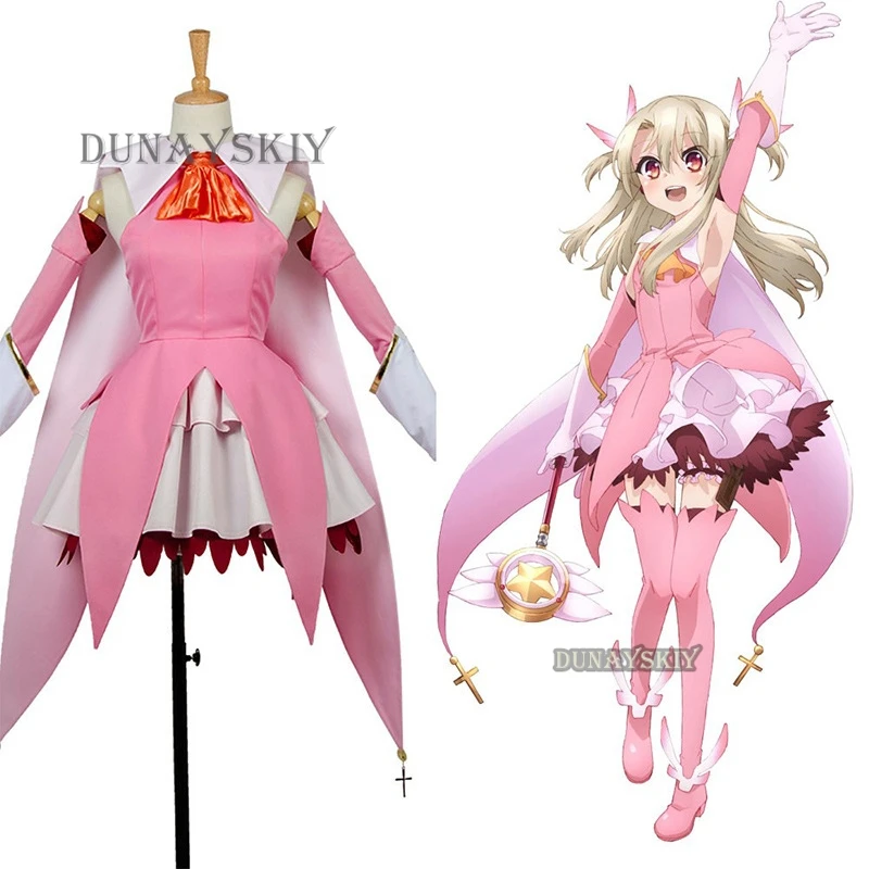 Anime Fate Kaleid Liner Prisma Illya FGO Illya Cosplay Costume Pink Dress Top Layered Skirt With Cloak Halloween Custom Made