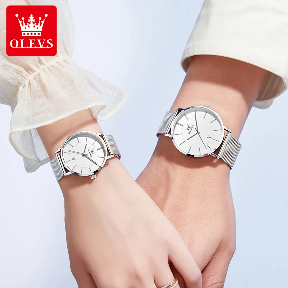 Olevs marca nova moda ultra-fino quartzo casal relógios pulseira de malha de aço inoxidável data automática relógio à prova dwaterproof água para homens