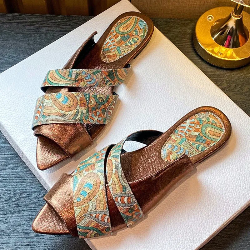 

Fashion Totem Printed Design Women Slippers Sexy Peep Toe Slides Sandals Light Comfort Street Style Summer Beach Flat Sandals