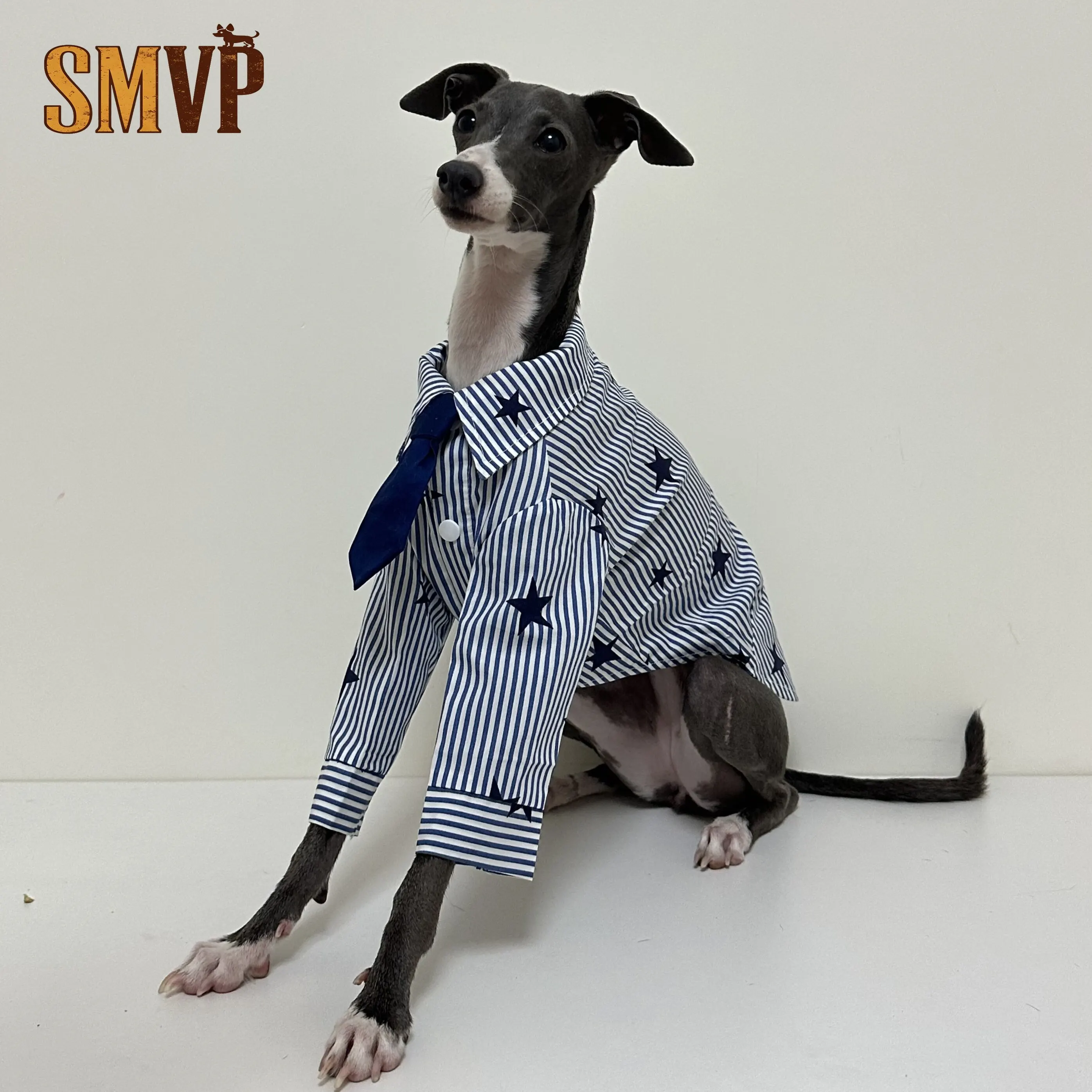 

Spring and Autumn Seasons Cotton Blue and White Stripe Embroidery Star College Style Shirt Suitable for Slender Sized Pet Dogs