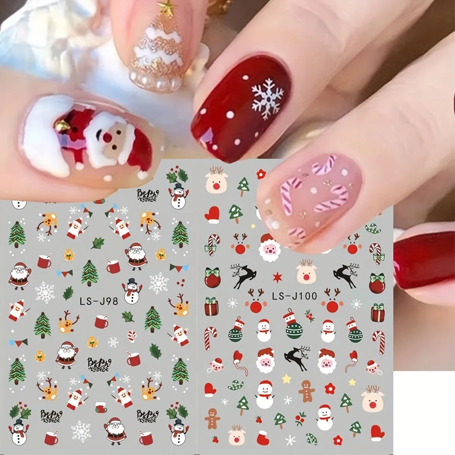 4 قطعة ملصقات أظافر عيد الميلاد ، كارتون سانتا كلوز ، هدية عطلة شجرة عيد الميلاد ، ملصقات أظافر الغراء الخلفي LS-J97-100 #1