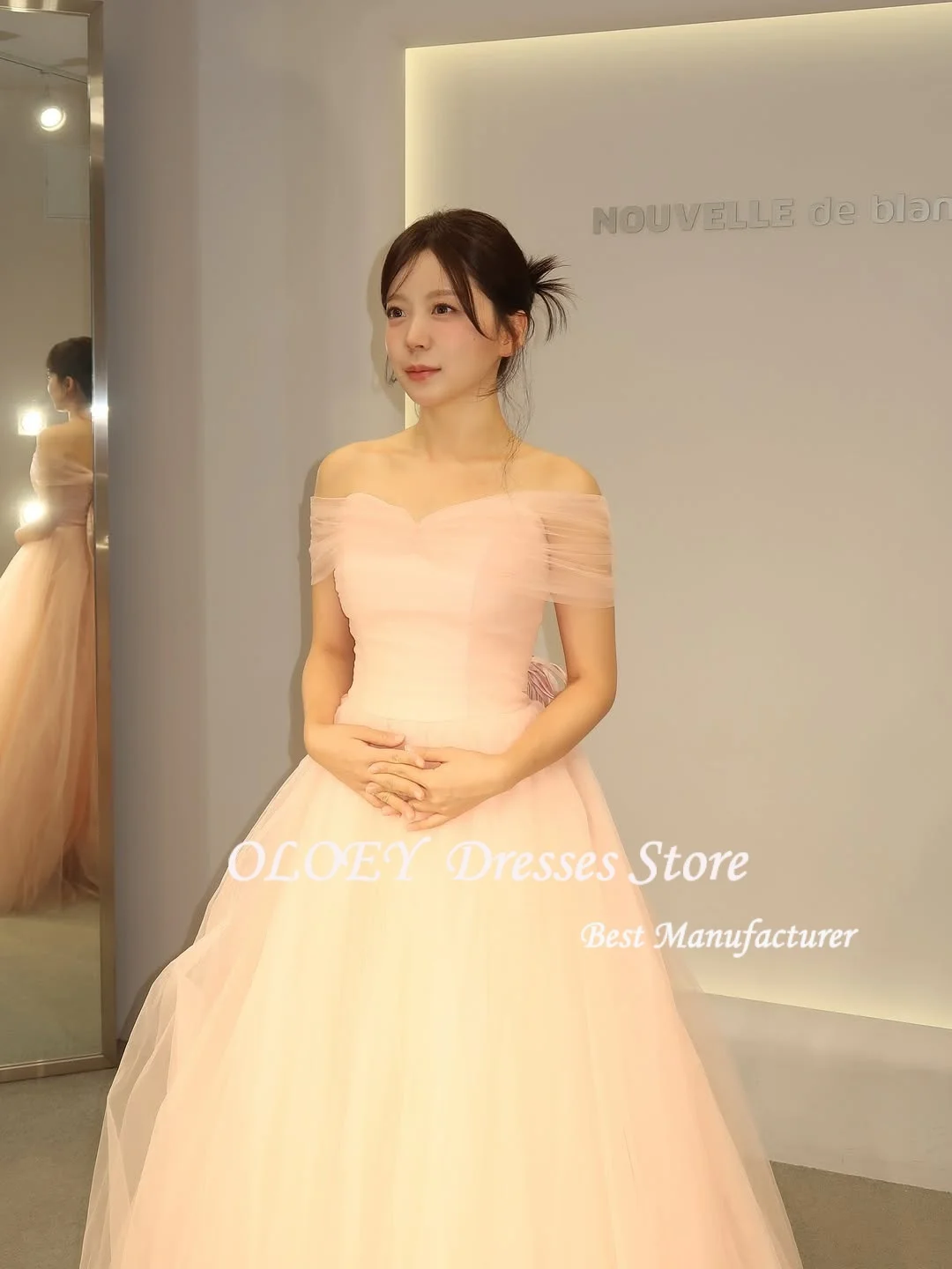 ชุดราตรี OLOEY แบบเปิดไหล่ ผ้าทูลล์ทรงเอไลน์ สไตล์เกาหลี สำหรับถ่ายภาพ งานแต่งงาน งานพรอม  ชุดเจ้าหญิงสั่งตัดได้