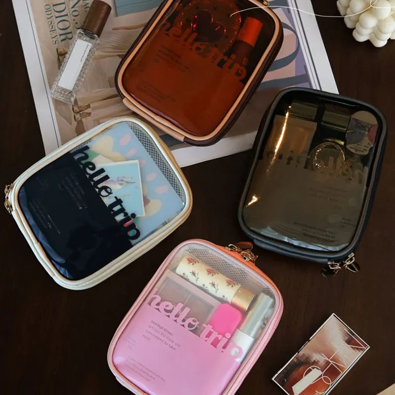 Mini Clear Travel Makeup Organizer Bag Small Cute Preppy Makeup Bag Cosmetic Zipper Toiletry Storage Clutch Coin Pouch for Women