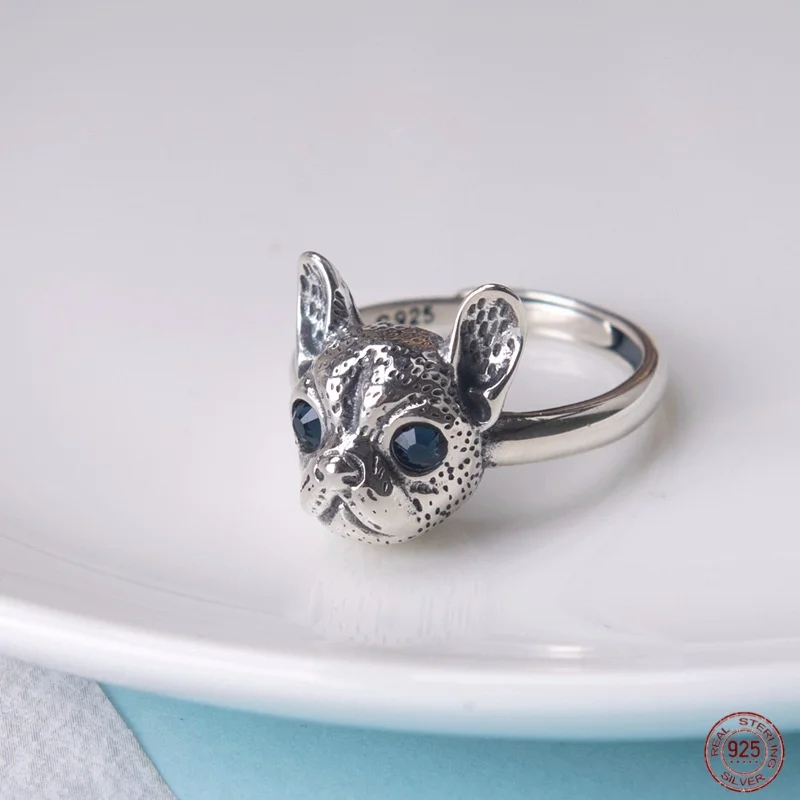 Real S925 Sterling Silver 3D Carved French Bulldog Dog Ring Cute Retro Fashion Pet Styling Punk Jewelry Woman