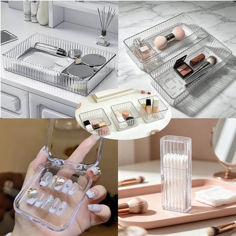 17-Piece Set of Transparent Vertical-Patterned Beauty Storage Racks, Stackable Multi-Specification Cosmetic Storage Drawer Organizers, Waterproof Bathroom Accessory Storage Baskets, Suitable for Bathroom Countertops, Makeup Tables, Cabinet Drawers, Can Be Used to Store Skincare Products, Makeup Brushes, Hair Ties, Press-On Nails, Jewelry, Desktop Cosmetics Storage Boxes