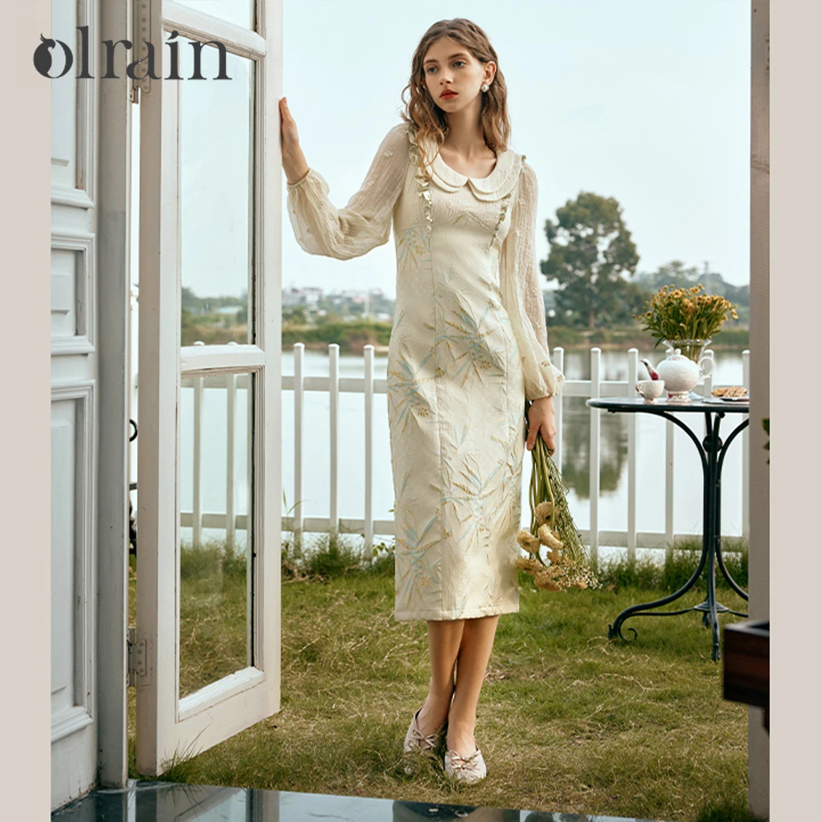 OLrain Elegant Dress Woman Slim Fit Bamboo Jacquard Dresses Autumn 2026 Peter Pan Collar Spliced Ruffled Ladies O24CL85802