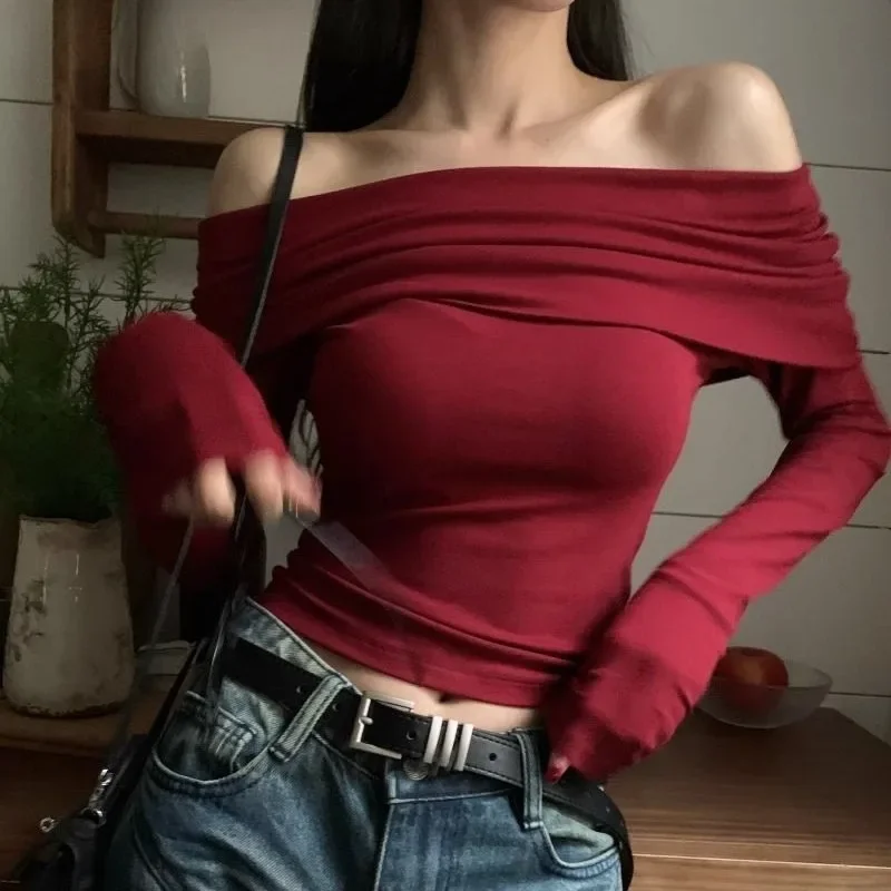 High Street Pullovers for Women Long Sleeve Retro Soft Cotton Breathable Fit Casual Stylish Off Shoulder Red Tops Sexy Trendy