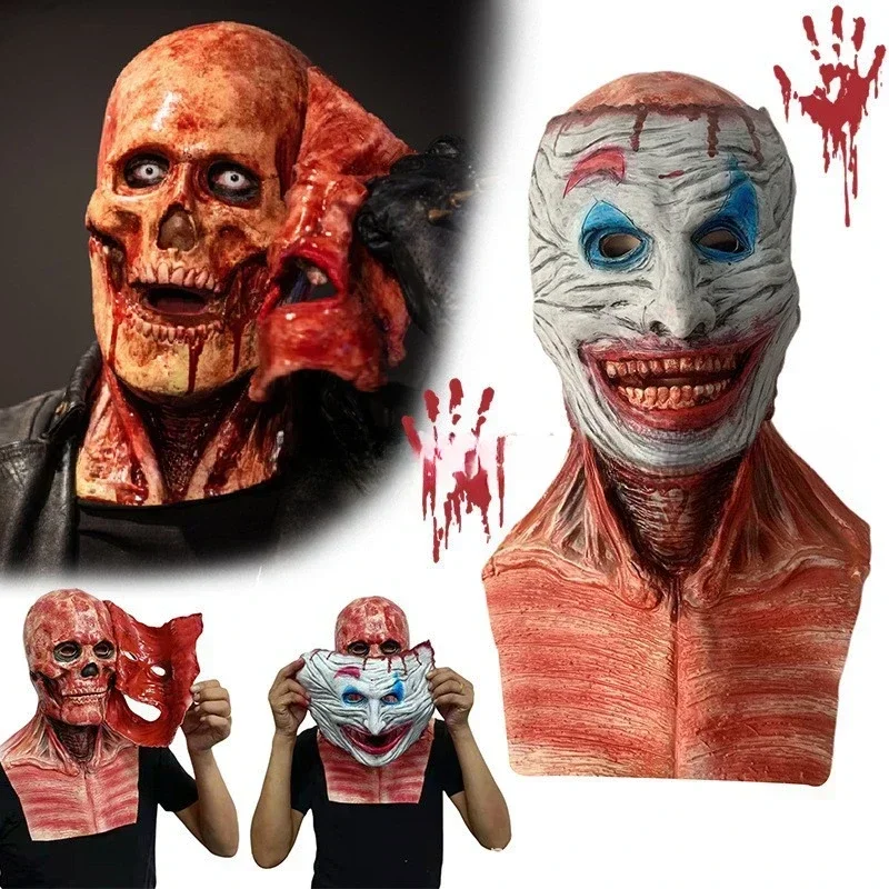 2024 New Halloween Double Rip Mask Bloody Scary Skeleton Latex Mask Scary Cosplay Party Mask Mascara Halloween