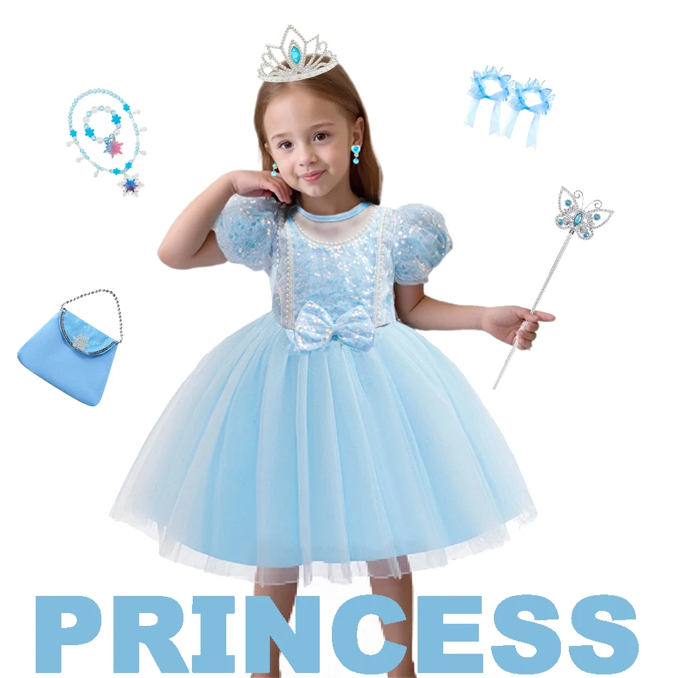 

Festive Party Princess Dress Girls Bubble Short Size Pearl Sequin Dress Elsa Role Playing Costume Children Bow Princess Gown
