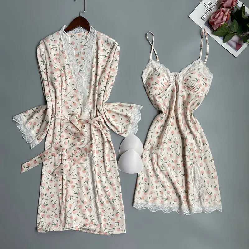 Twinset Lace Robe Set Women Sleepwear Nightgown New Female Kimono Bathrobe Gown Suit Sexy Spring Summer Silky Satin Home Dress