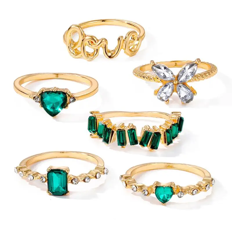 

6pcs Ring Set Light Luxury Retro Butterfly Heart Crystal Finger Ring Female Engagement Wedding Jewelry Party Gift
