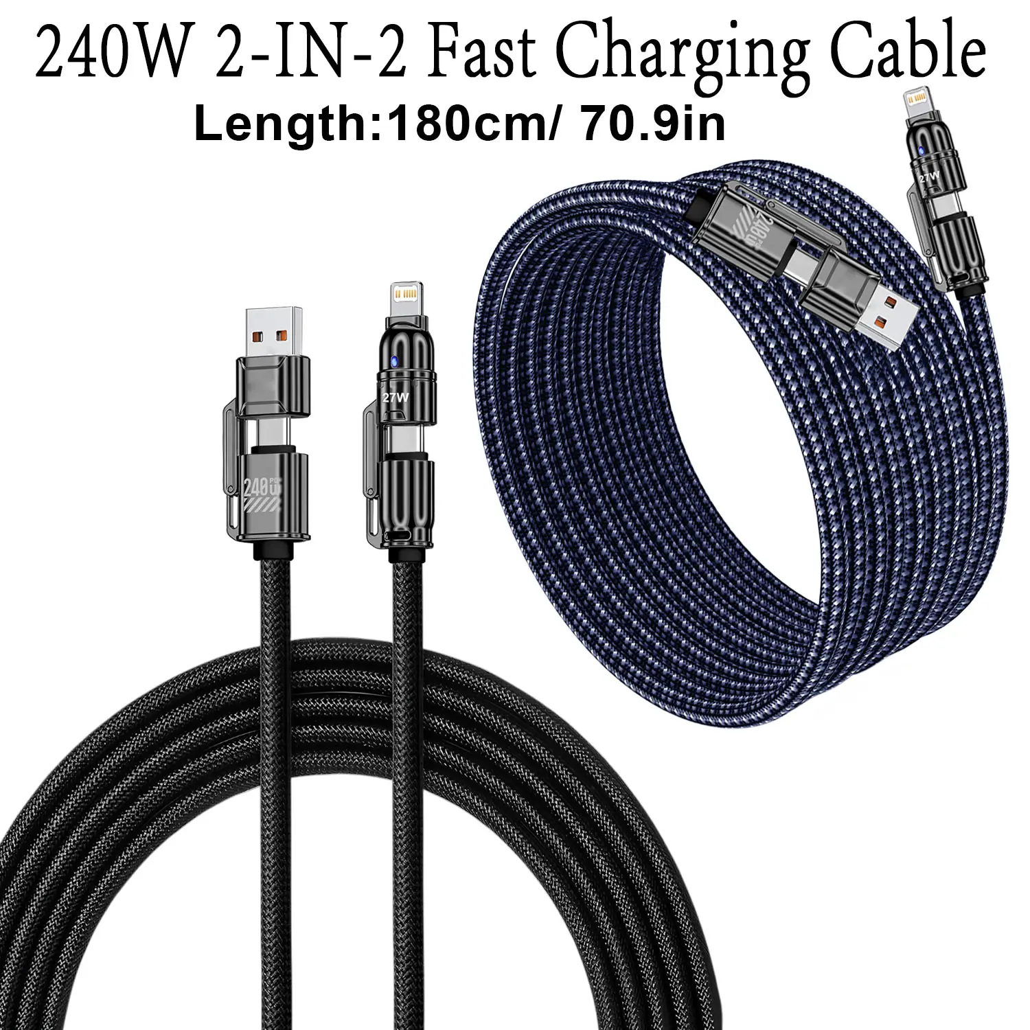 Portable 1.8M 240W Fast Charging 4 In 1 Data Cable Dual Type-C+USB Ports Phone Charging Cable For iPhone Samsung Huawei Xiaomi
