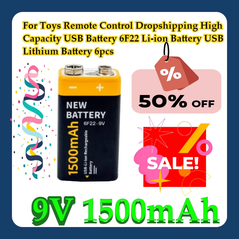 

For Toys Remote Control Dropshipping High Capacity USB Battery 9V 6F22 1500mAh Li-ion Battery USB Lithium Battery 6pcs