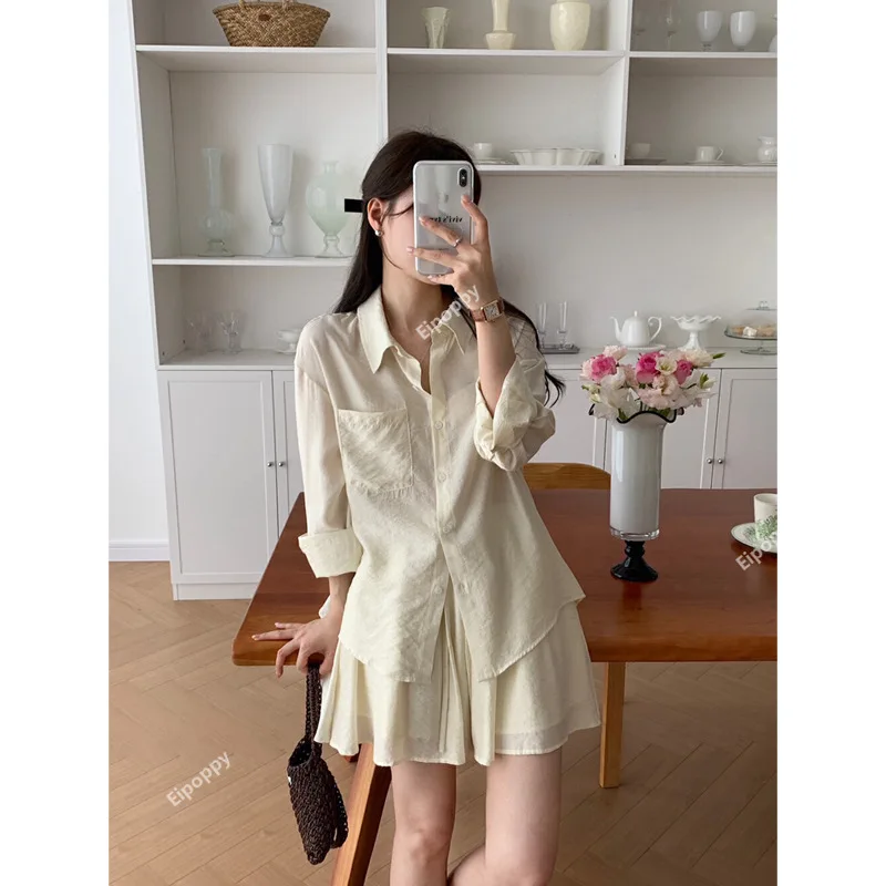 

Summer Breathable Cotton and Linen Texture Casual Fashion All-Matching Loose Long Sleeve Shirt Shorts Suit