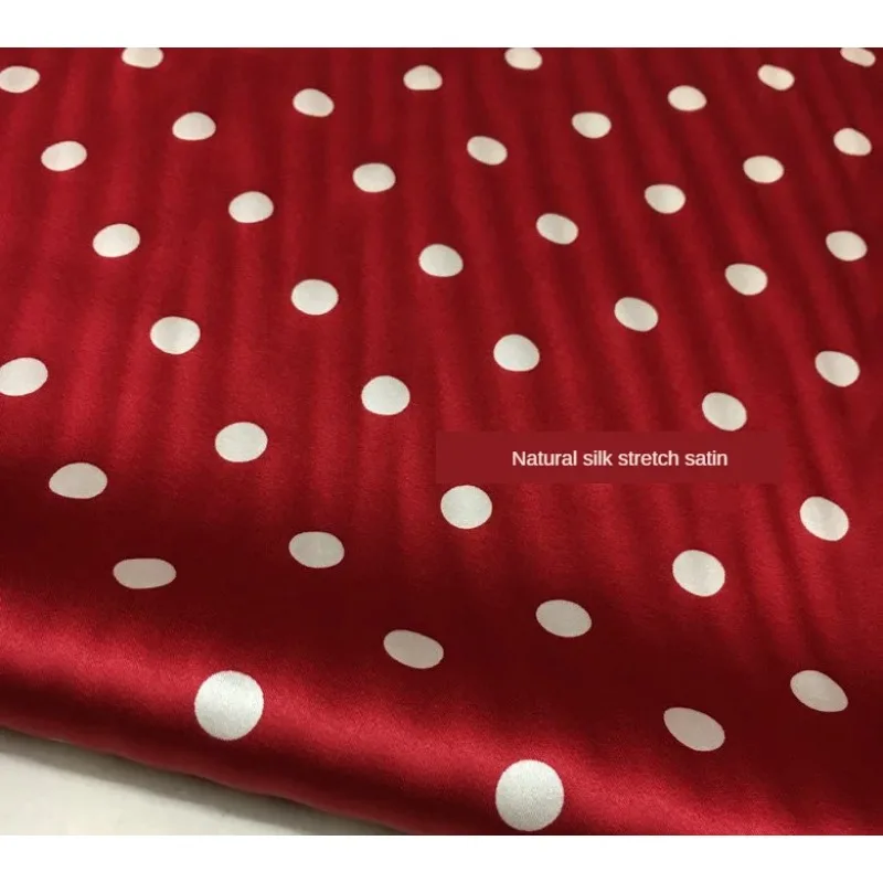 Heavy Silk Fabric New Summer 19mm Red Bottom White Dot Print Stretch Silkworm Silk Satin Dress Fabric