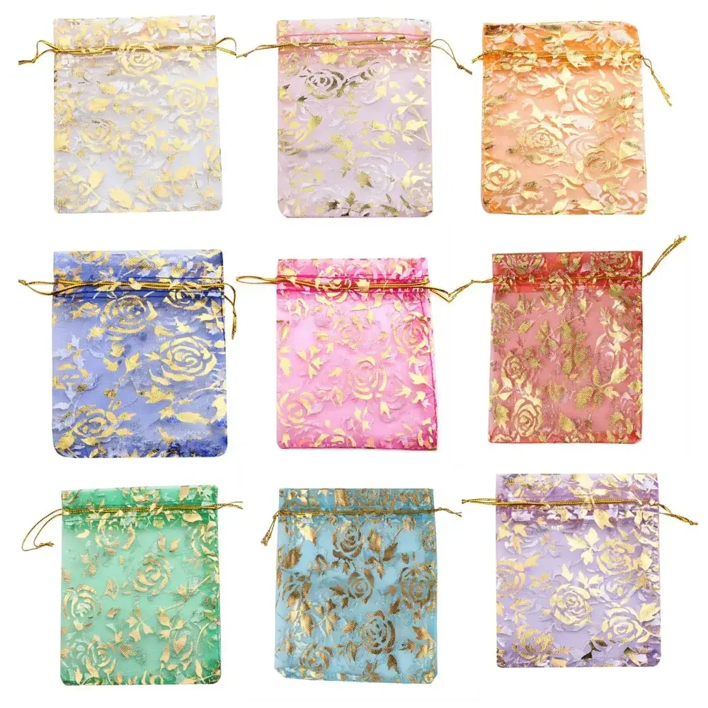 50pcs/lot Colorful Hot Gold Color Rose Print Drawstring Organza Bag Gifts Pouches Wedding Christmas Party Candy Jewelry Packing