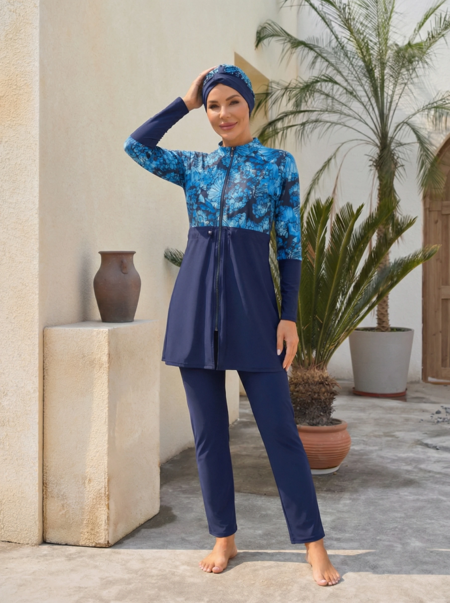 

Женский купальник-буркини из 3 частей с принтом, консервативный, с защитой от солнца, быстросохнущий, полностью закрывающий тело, для водных видов спорта