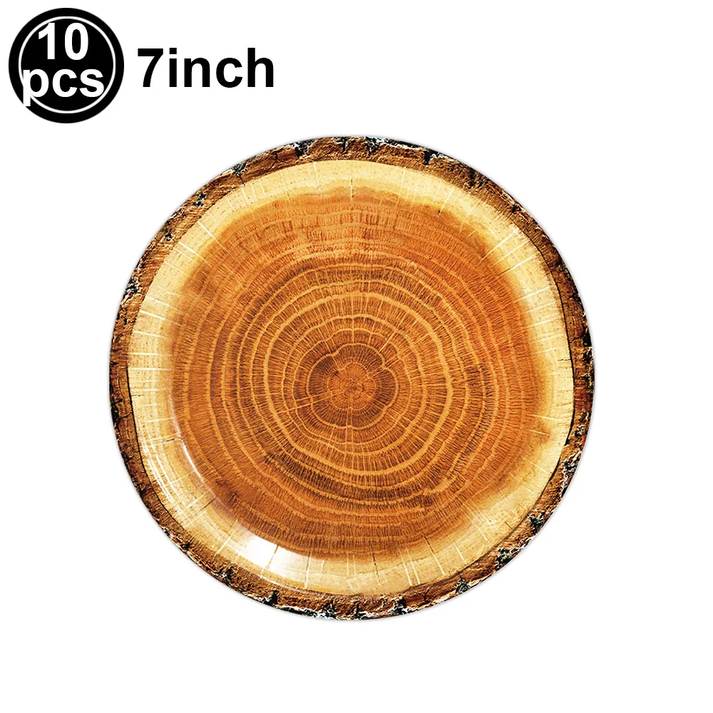 Wood Grain Slice Party Decors Tableware Wooden Plates Cup Napkins Tablecloth Lumberjack Camping Hunting  Birthday Party Supplies