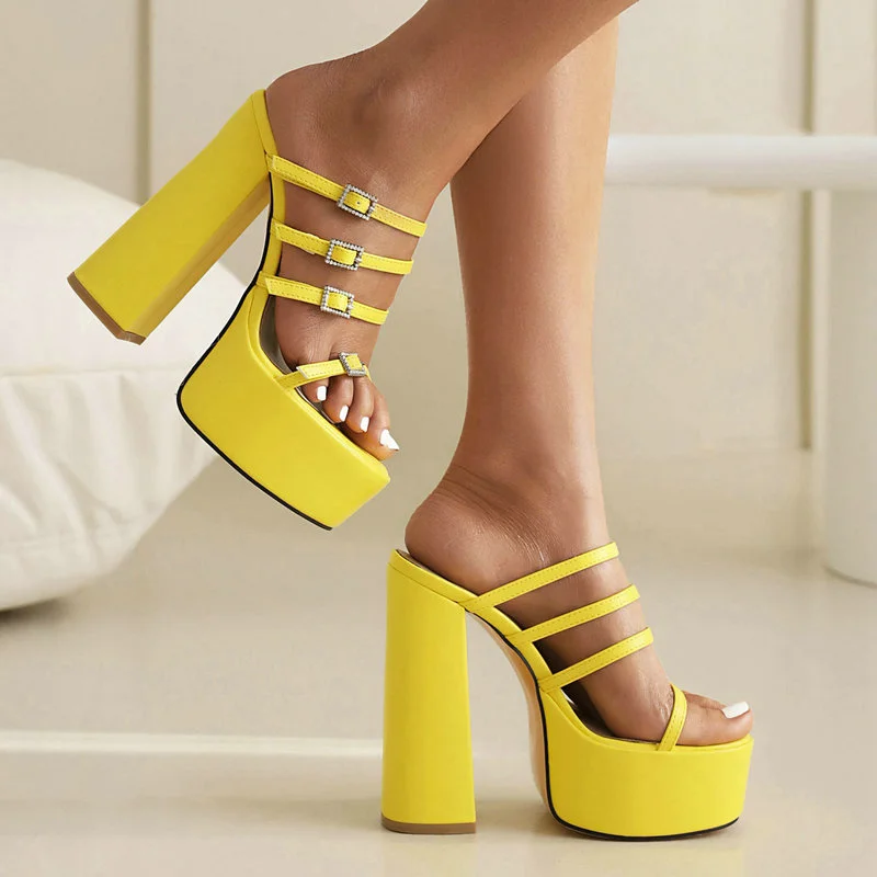 

Женские летние туфли на высоком каблуке, сандалии на платформе, искусственная кожа, открытый носок, квадратный высокий каблук, желтые, красные, черные