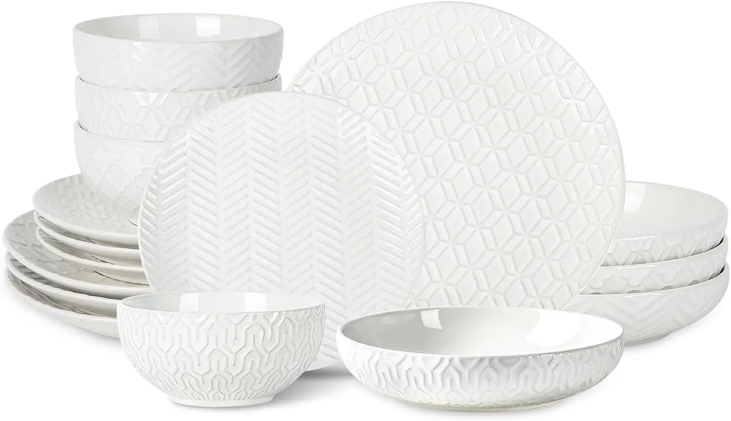 

Ceramic Dinnerware Set for 4-16 Pieces Embossed Plates and Bowls Sets, Scratch Resistant Dish Set, Microwave, Oven & Dishwasher