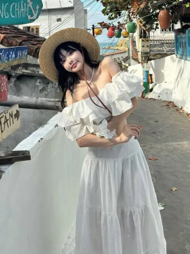 

HH Women Summer Skirt Set Seaside Vacation Row Neck Off-Shoulder Top+High Waist Zipper Hollow Out Embroidered Fairy Casual Skirt