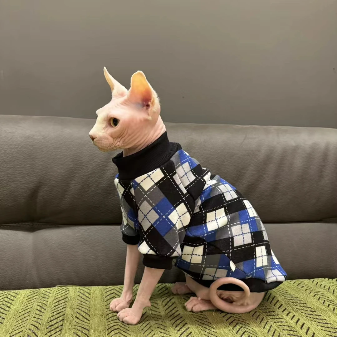 4-Legged Striped Cotton Coat for Sphynx Cat Blue Long Sleeves Jumpsuit for Kittens Devon Rex Soft Brick Red Winter Undershirt