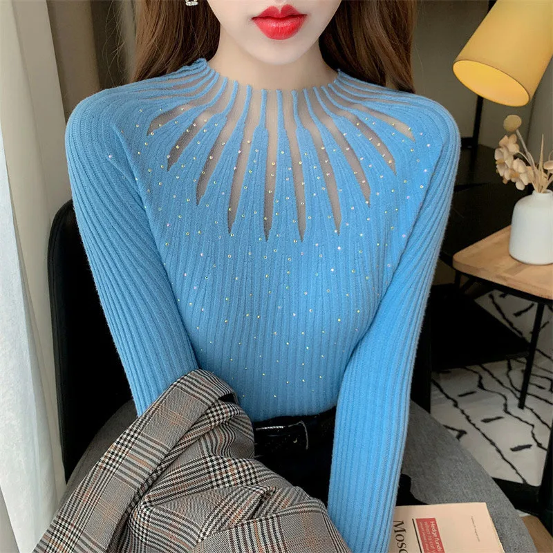 2025 New Women's Base Shirt Lace Slim-fit Hot Drilling All-match Mesh Sexy Elegant Knitted Sweater Pullover Elastic White