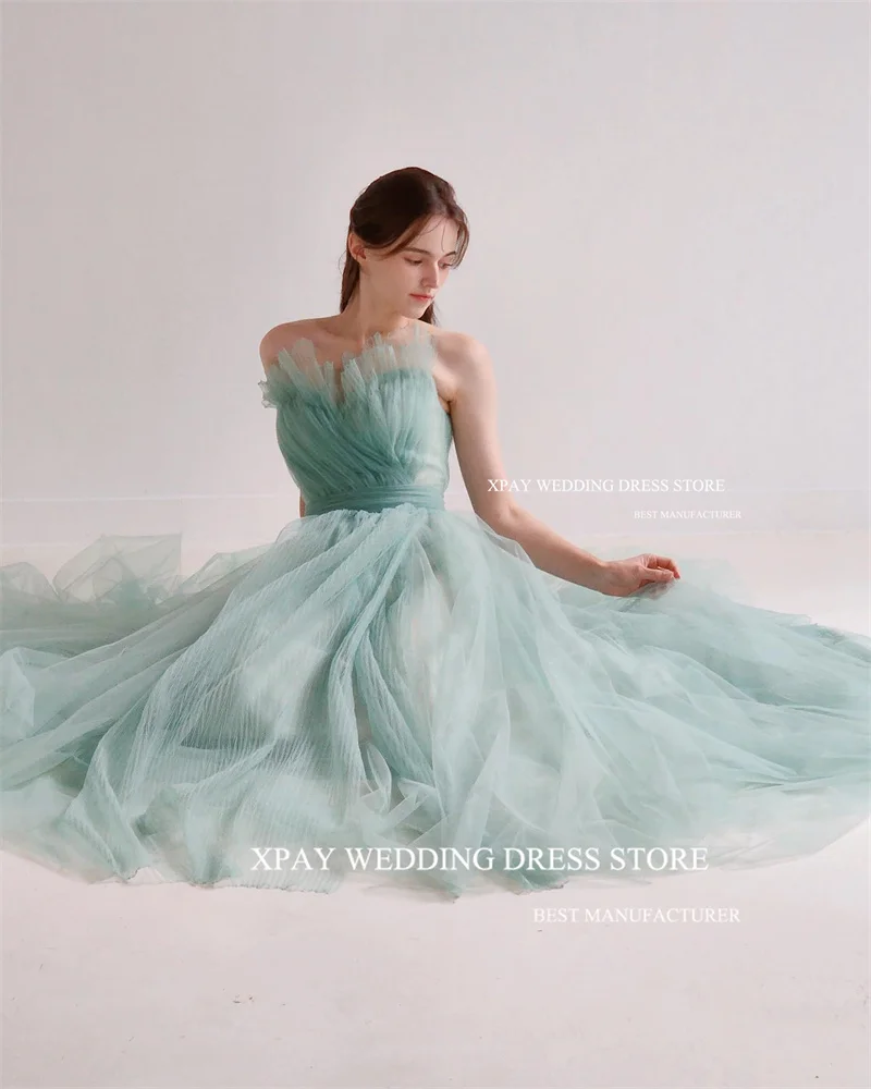 XPAY Fairy Sage Green Tulle Suknie wieczorowe Korea Suknia ślubna do sesji zdjęciowej Bez ramiączek Plisy Pas Suknie na bal maturalny Gorset z tyłu