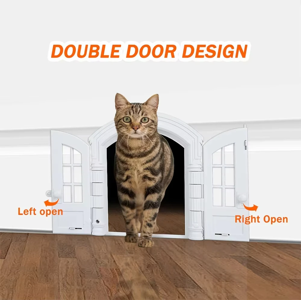 Today Life French Cat Door French Pet Free Entry and Exit Double Door ABS Cat Door Dog Door Hole with Door Curtain Cat Door