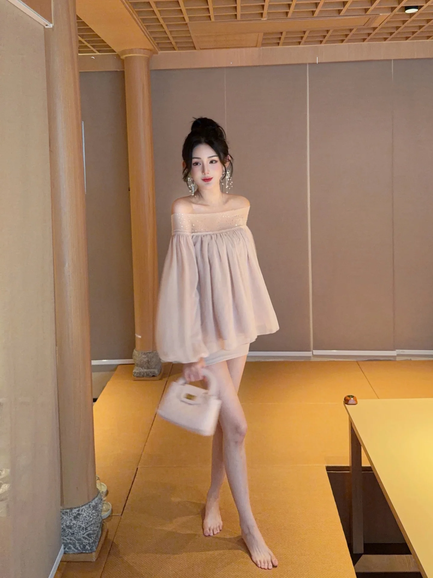 

Joykiki Gold Dreamy Rhinestone Women's Fashion Set High Waist Short Skirt Wrap around Body High Neck Long Sleeve Shoulder Tie