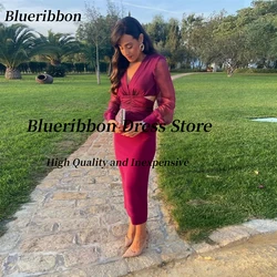 Blueribbon Cocktail Party Girls Wear V Neck Prom Dresses Cutaway Sides Night Club Dress Long Sleeves Evening Gowns Customized