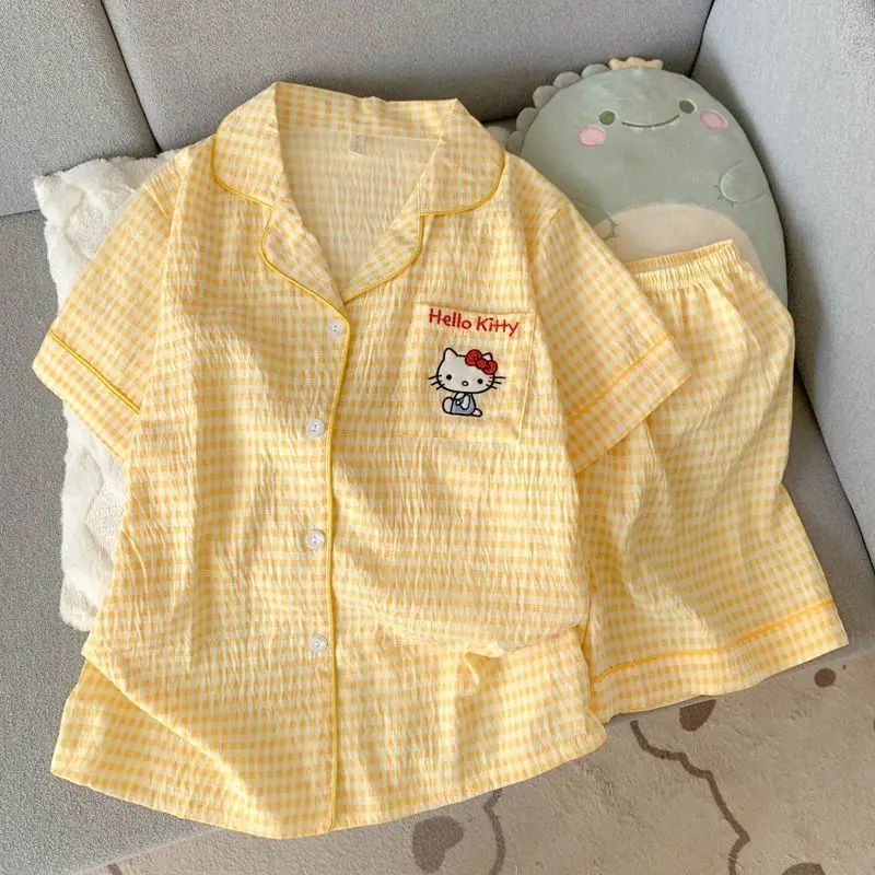 

Sanrio Hello Kitty Cotton Pajamas 2 Piece Set Summer Sleepwear Shorts Short Sleeve Pijama Kawaii Cartoon Pyjamas Home Clothing