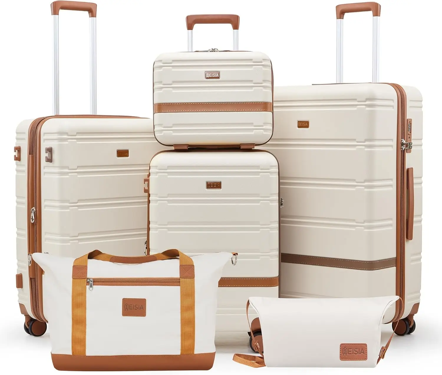 

Lightweight Hard Shell Luggage Sets with Spinner Wheels, TSA Lock & YKK Zippers, 6-Piece Set in Beige for Travel