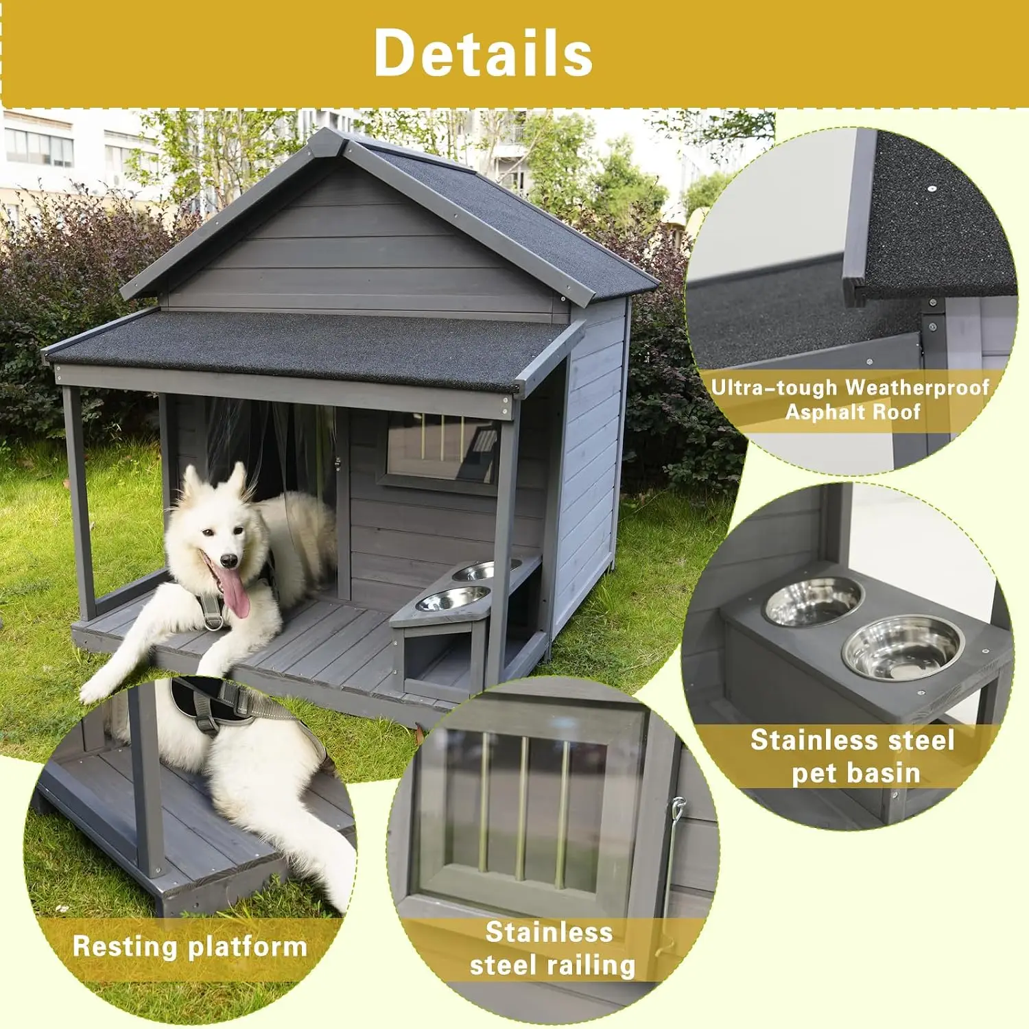 Wooden Outdoor Large Dog House with Balcony and Asphalt roof - Outdoor Insulated with Windproof Curtain, Food Bowl and Cozy mat