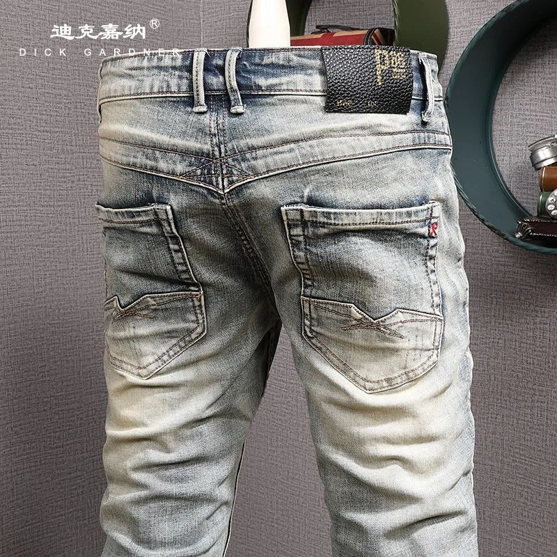 

Ностальгические мужские джинсы в стиле ретро на осень 202, с нашивками для пирсинга, облегающие, эластичные, маленькие прямые, модные брюки