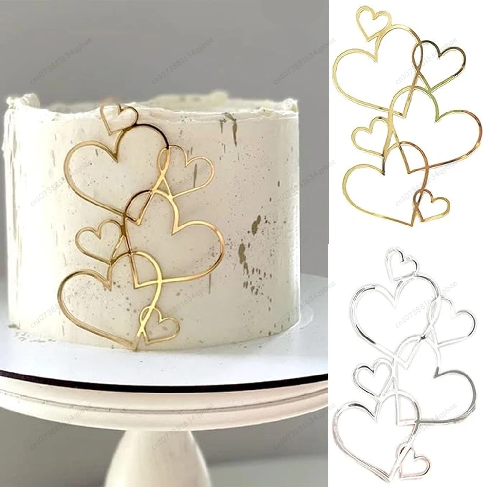 Wedding Cake Topper Gold Silver Love Heart Cake Decoration Valentine\'s Day Gift Dessert Decoration Acrylic Cupcake Toppers