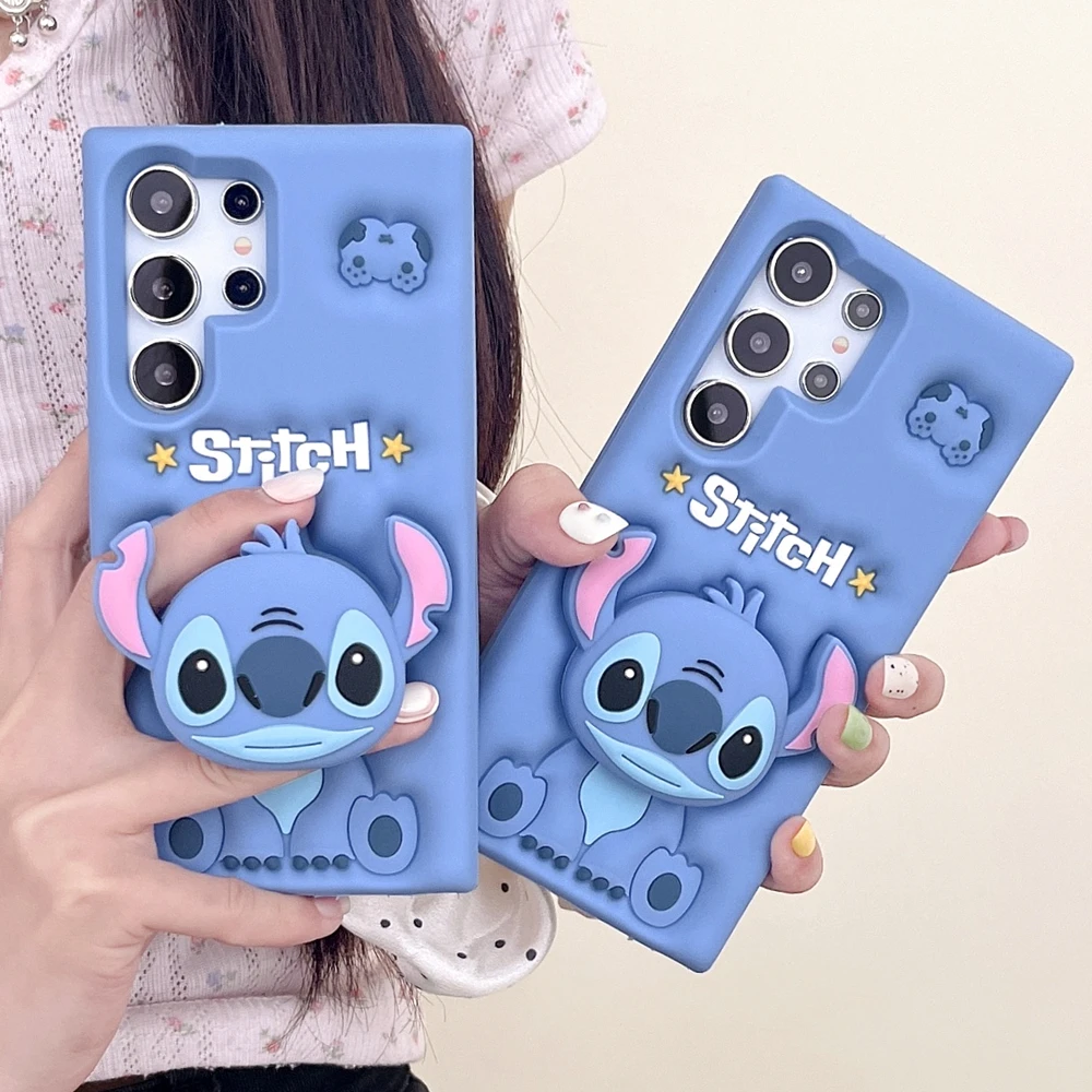 For Samsung S23 FE S24 Ultra S20 S21 S22 Plus A54 5G 3D Cartoon Stitch Grip Tok Stand Holder Silicon