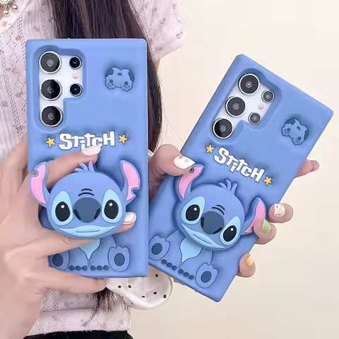 For Samsung S23 FE S24 Ultra S20 S21 S22 Plus A54 5G 3D Cartoon Stitch Grip Tok Stand Holder Silicone Phone Case