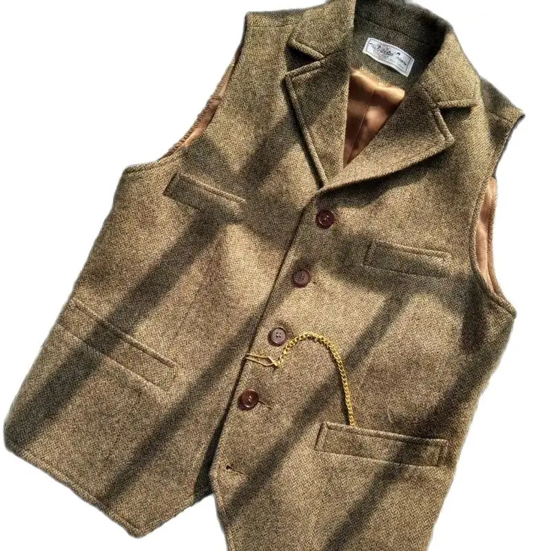 

Brown Men Suit Vests Black Waistcoat Vest Man Steampunk Jacket Striped Tweed V-neck Slim Fit Gilet Homme Wedding Clothing