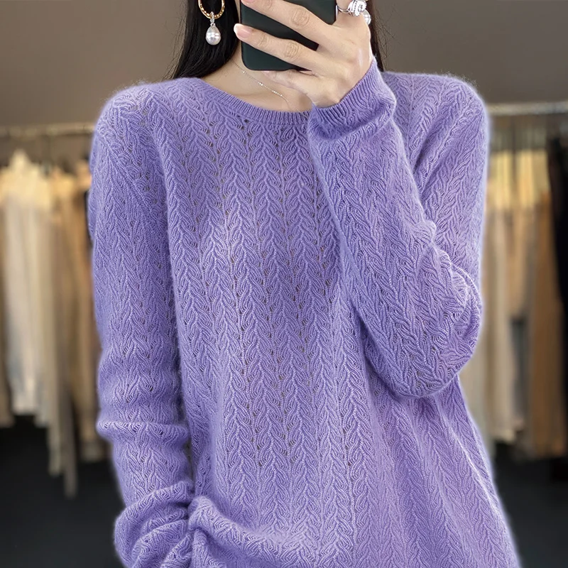 100% Merino Wool Clothing Women\'s O-Neck Pullover Spring and Autumn Thin Knitted Thread Hollow Top Fashion Korean New Product