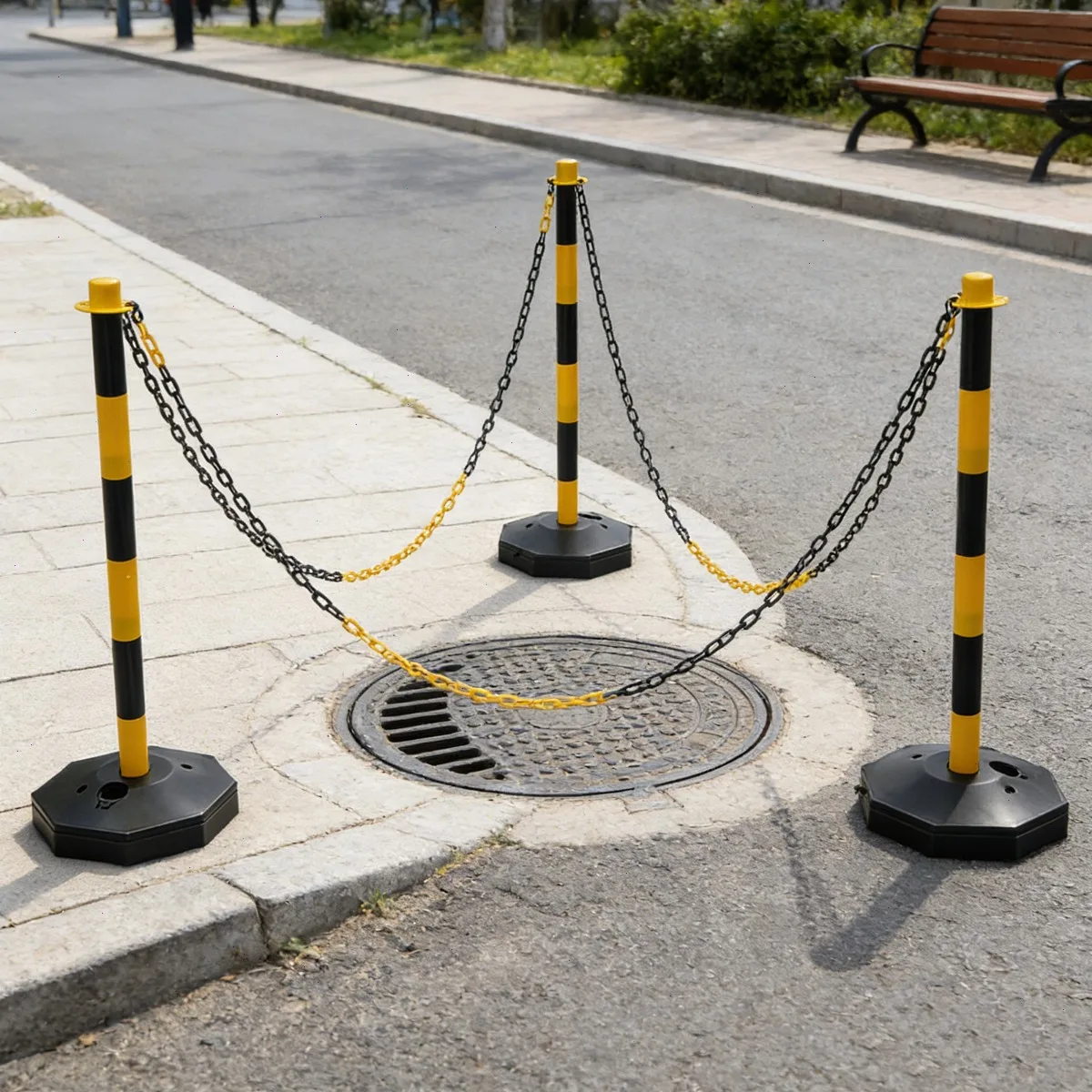 Rope Barriers, Belt Barrier with 6 Bases & 6 Poles, Black Yellow Posts, 5x2M Plastic Chain, 10 S Hooks, PE Durable Easy Assemble, Lightweight Portable Safety Fence