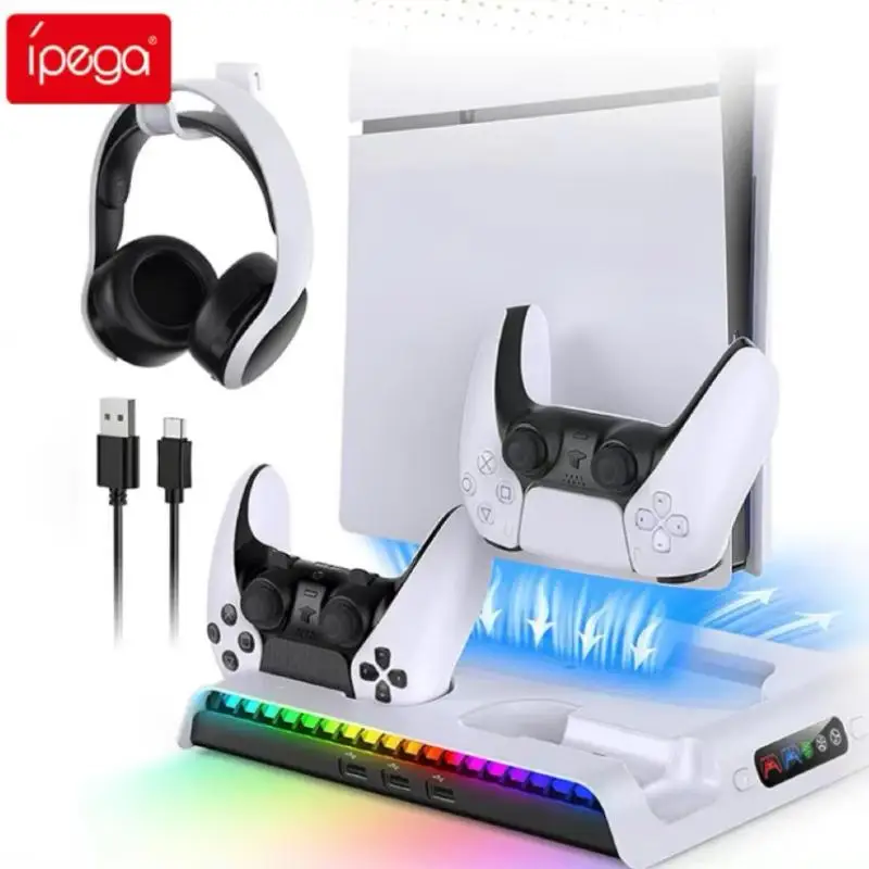 

Ipega Charging Stand for NEW PS5 Slim Cooling Fan Station for DualSense/Edge Controller with RGB Light Headset Hook 3 USB Hubs