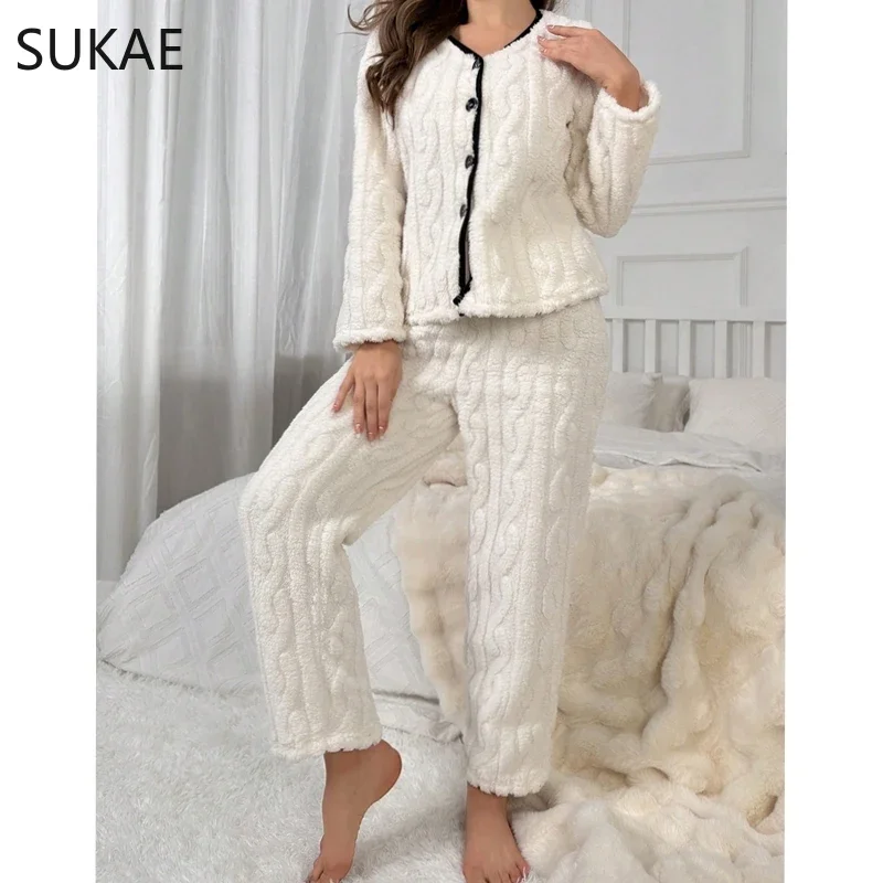 Warm Winter Women Pajamas Set Jacquard Fluffy Lady Sleepwear Elegant Plain White V-neck Lapel Thermal Pijamas Casual Nightwear