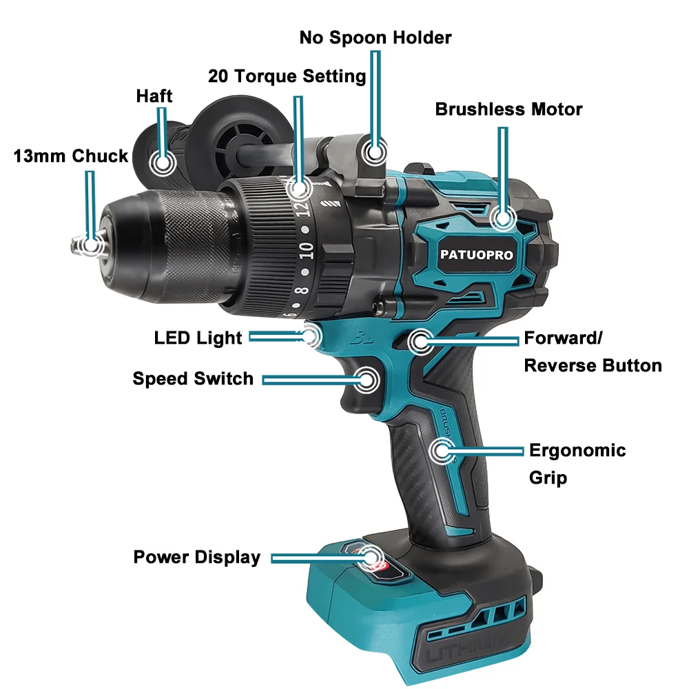 PATUOPRO 13MM Brushless Electric Impact Drill 3 Functions Cordless Hammer Drill For Wood Metal Concrete Fit Makita 18V Battery