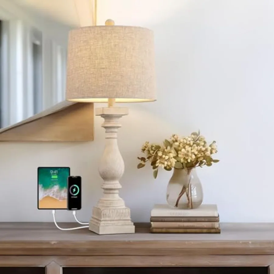 Retro 7" USB Charging Ports A/C Wash-White Farmhouse Lamps for Bedrooms Side Table Lamps Bedside Lamp for Nightstand Living Roo